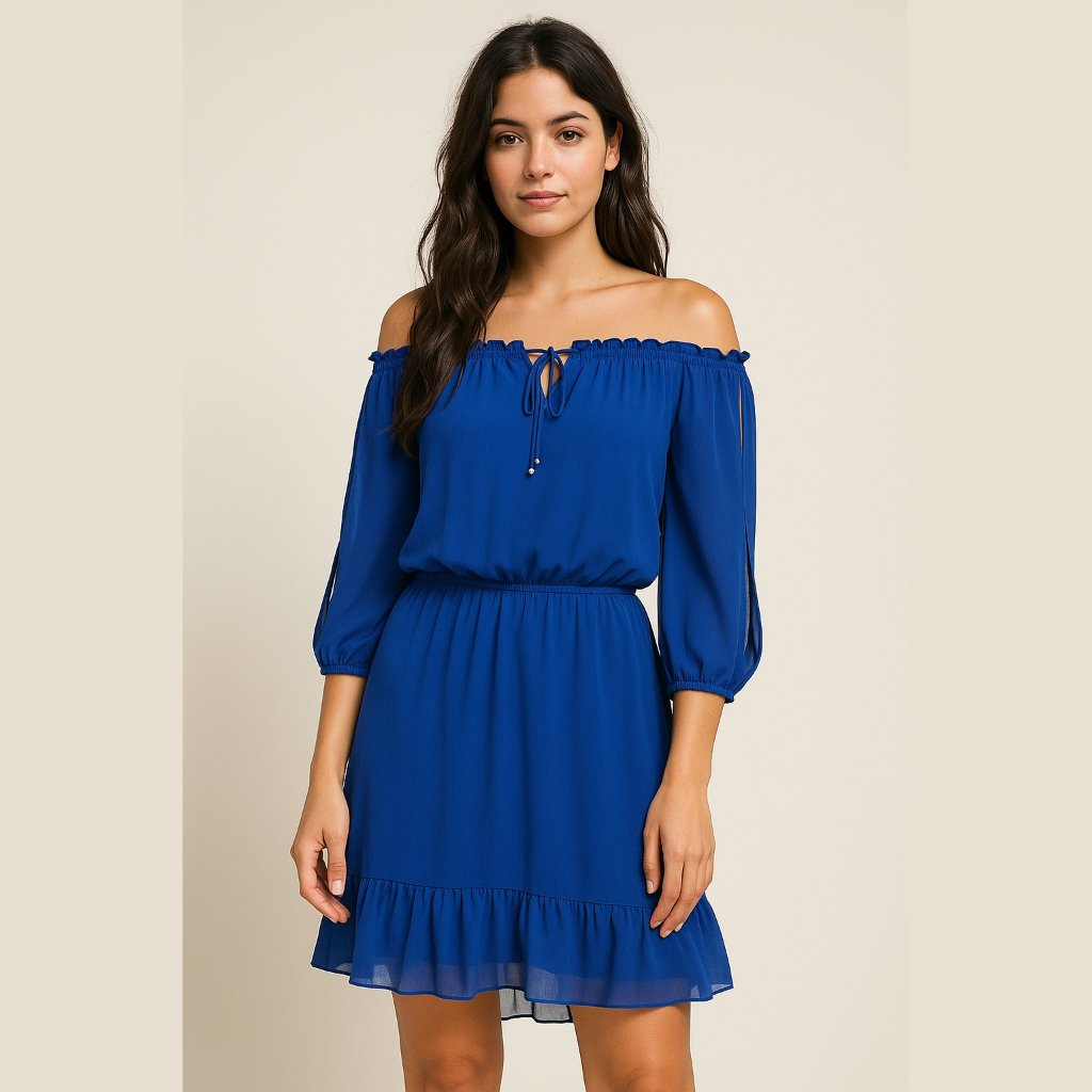 White House Black Market Blue Off Shoulder Slit Sleeve Boho Ruffle Dress : Xxs
